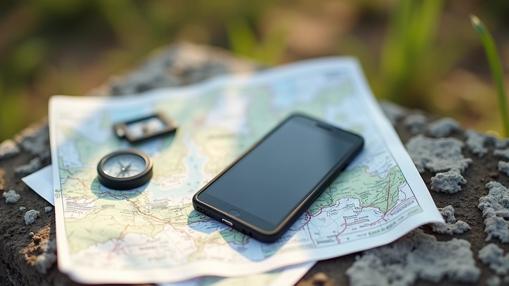 Mobilais telefons, GPS ierīce un papīra karte pastaigai, drošības aprīkojums navigācijai un atsaukšanai
