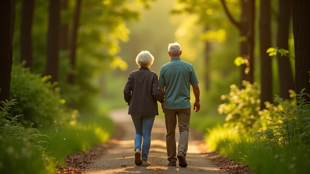 Senioru pāris staigā pa senu alejas ceļu, staigā ar mieru un pasmaidošies